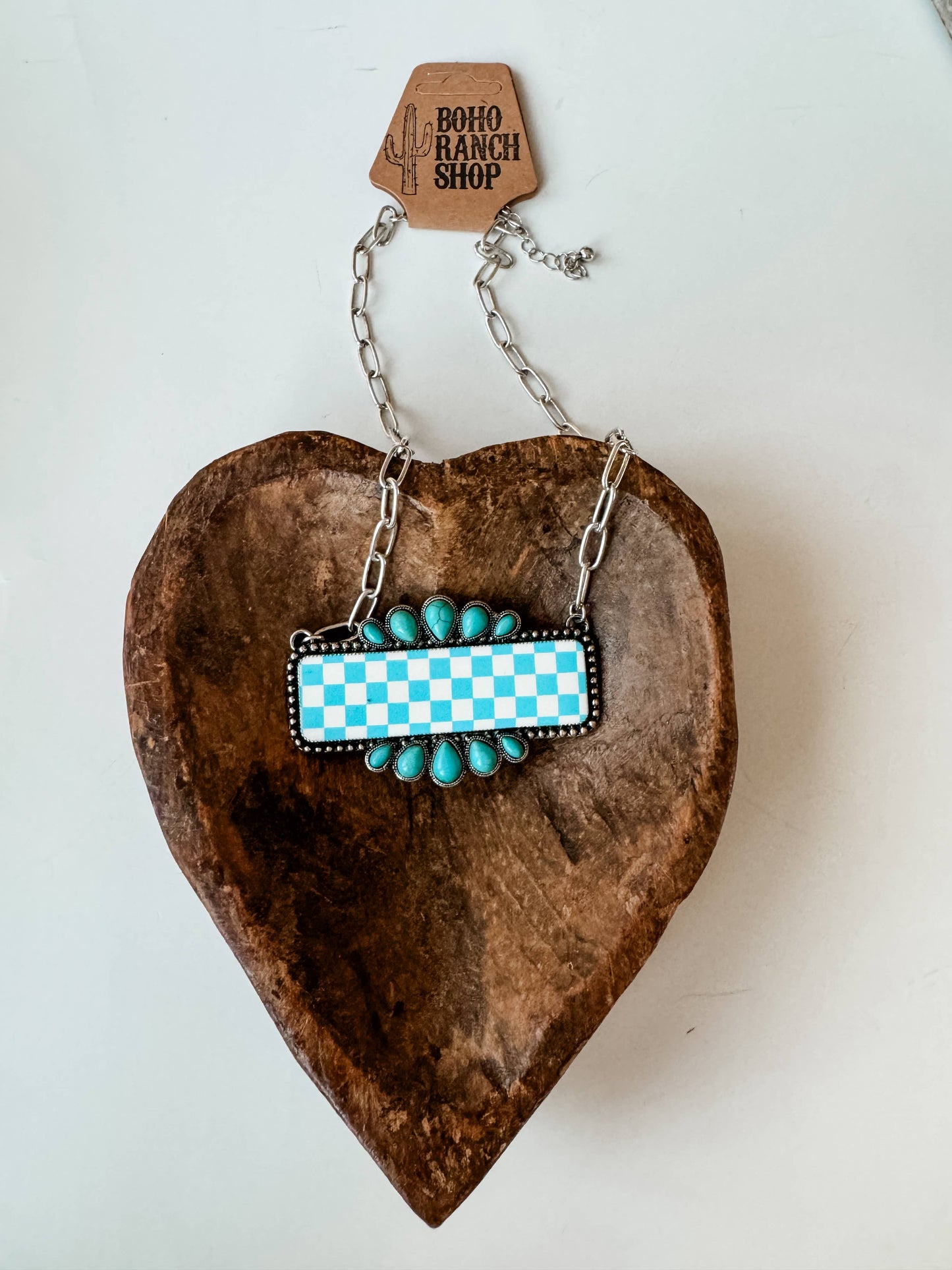 Western Checkered Rectangle Pendant Necklace