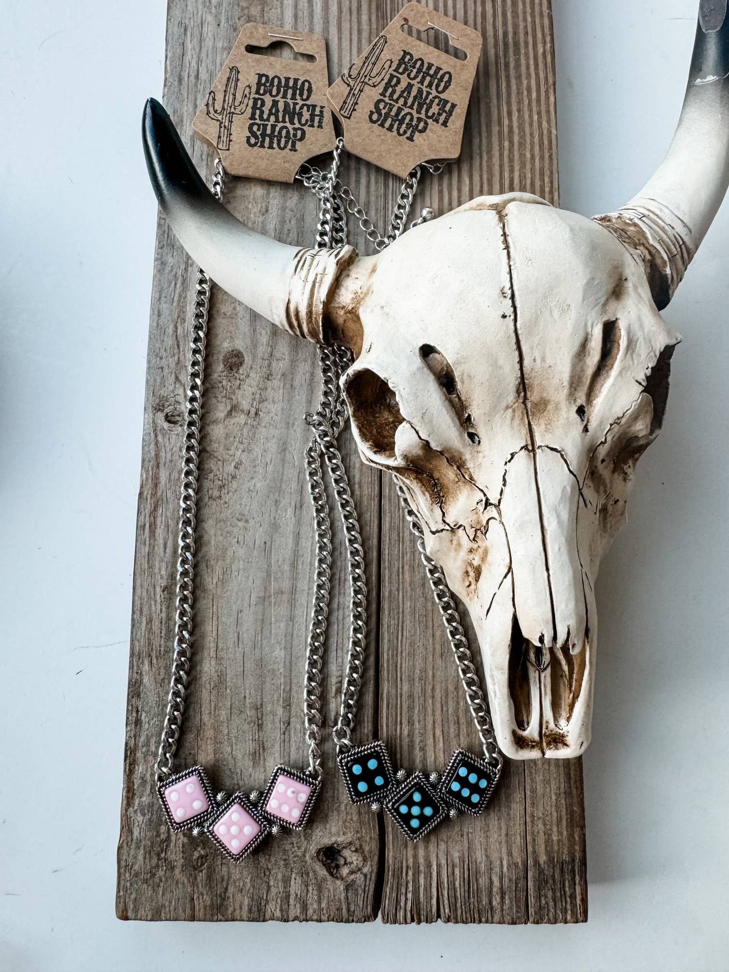 Western Semi Stone Dice Pendant Necklace