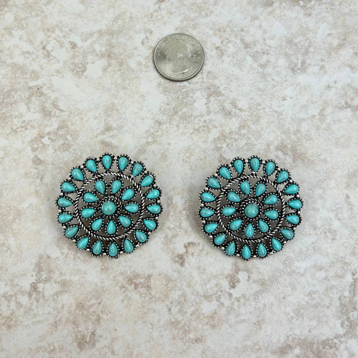 Silver Rope & Turquoise Stone Flower Concho Earrings