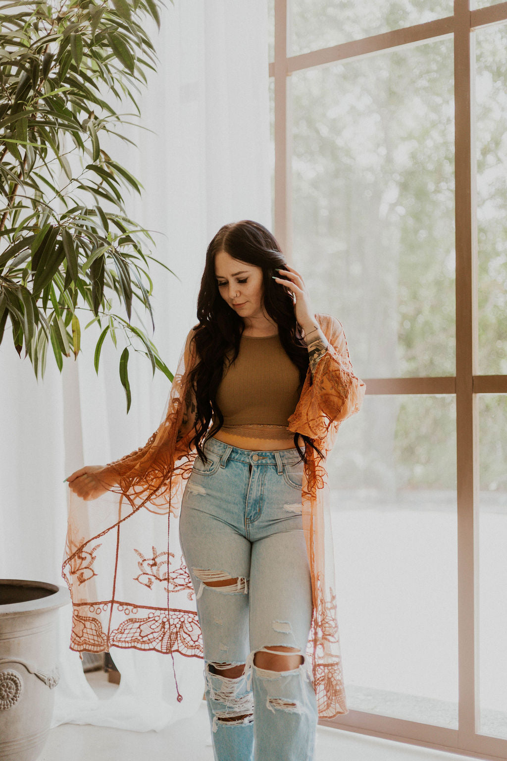 Embroidered Butterfly Lace Front-Tie Kimono