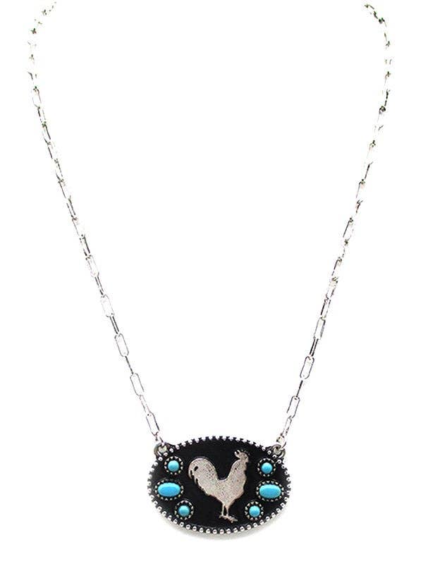 Western Rooster Silhouette Turquoise Stone Necklace