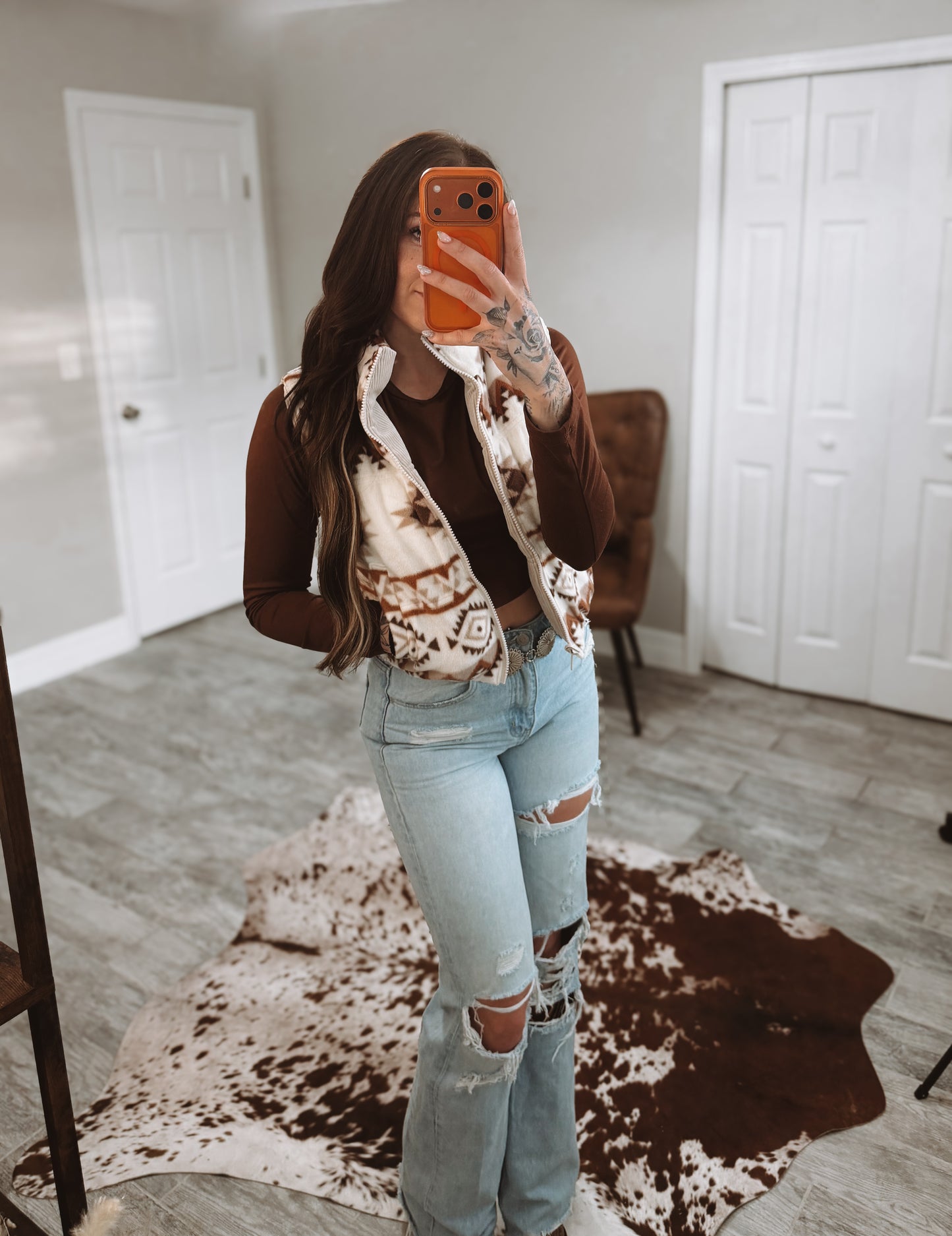 Cream Aztec Print Reversible Corduroy Puffer Vest