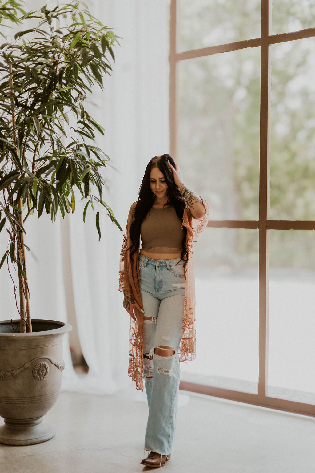 Embroidered Butterfly Lace Front-Tie Kimono
