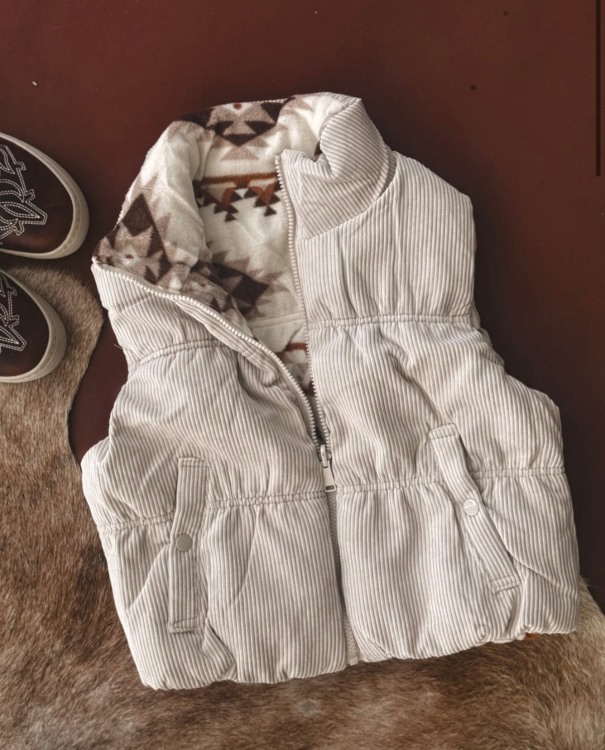 Cream Aztec Print Reversible Corduroy Puffer Vest