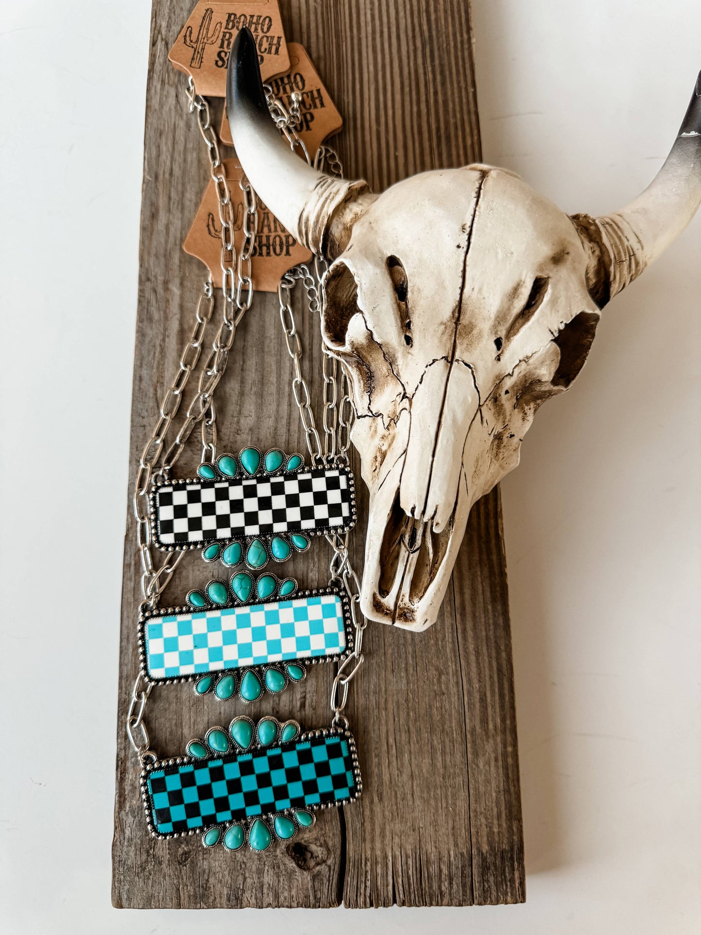 Western Checkered Rectangle Pendant Necklace