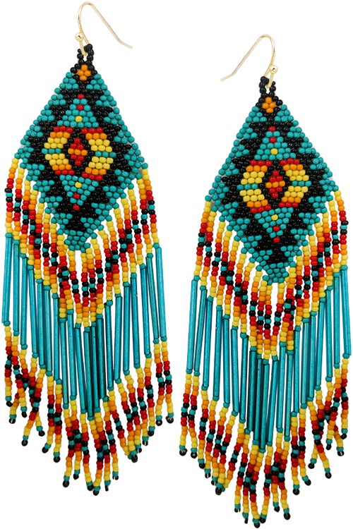 WESTERN AZTEC PATTERN SEED BEAD TASSEL EARRING