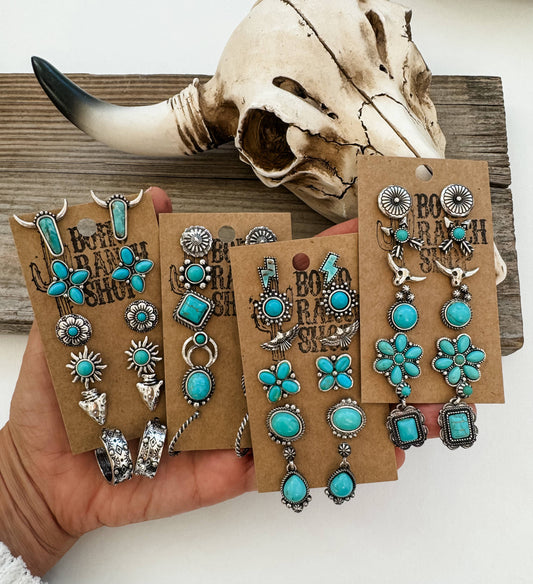 6 Pair Western Navajo Style Stud Earring Set 