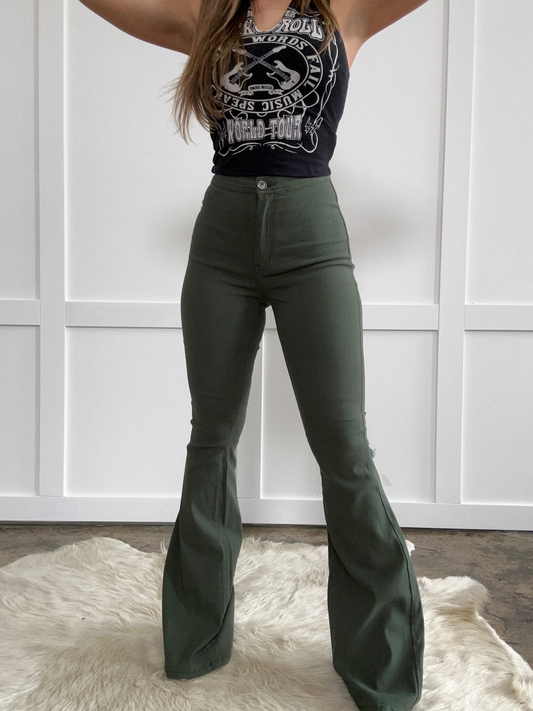 Fiona High Waisted Bell Bottom Flare Jeans - Olive