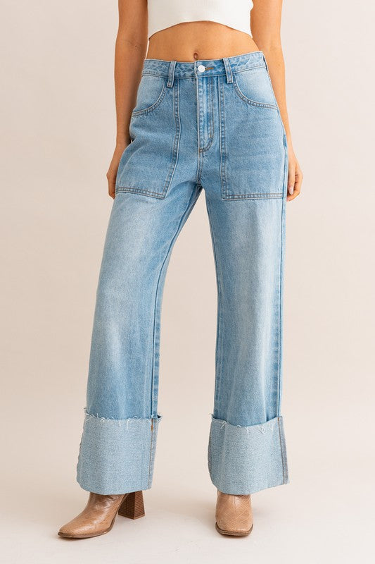 Em's High-Waisted Wide Leg Cuffed Jeans