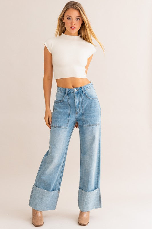 Em's High-Waisted Wide Leg Cuffed Jeans