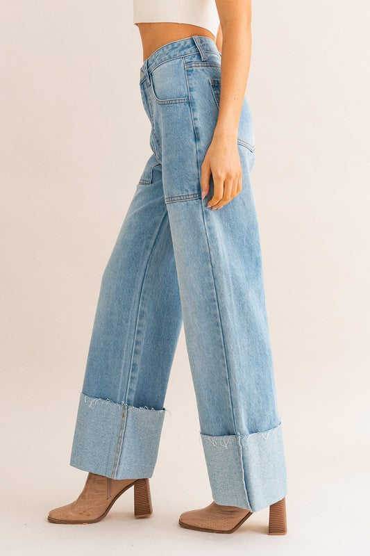 Em's High-Waisted Wide Leg Cuffed Jeans