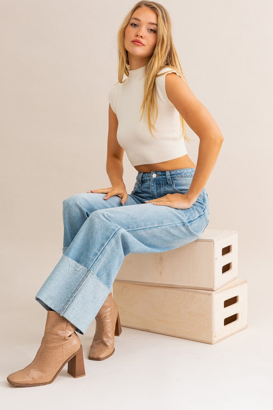 Em's High-Waisted Wide Leg Cuffed Jeans