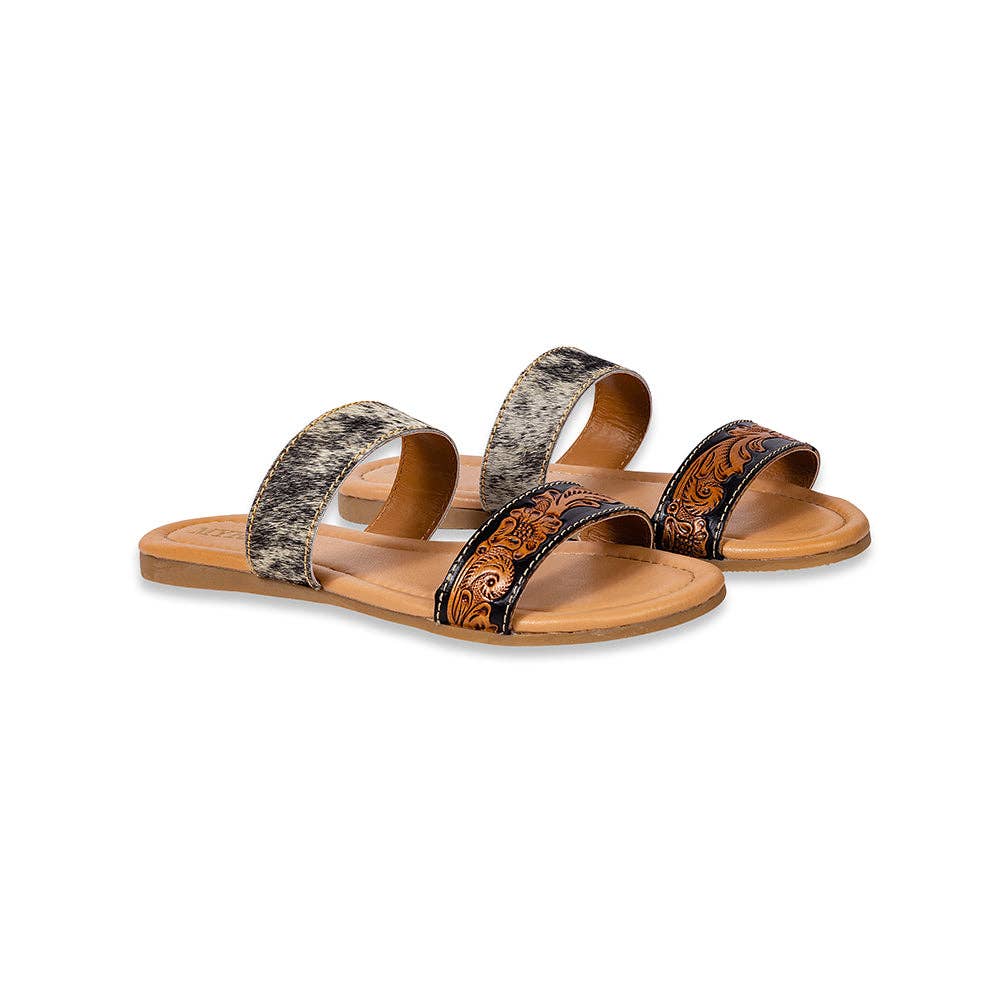 Tambra Mesa Hair-On Hide & Hand-Tooled Leather Sandals