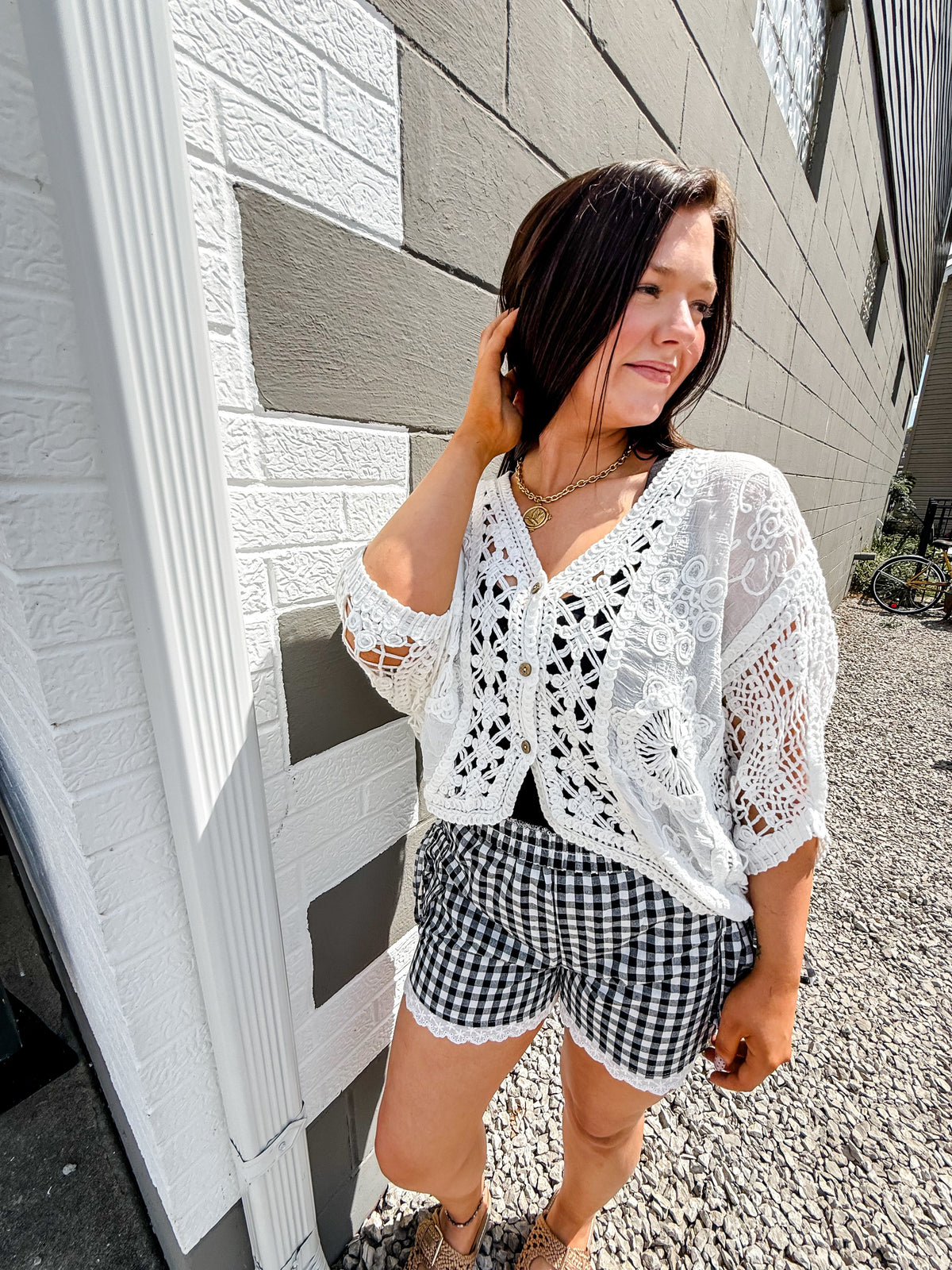 Black Gingham Lace Trim Shorts