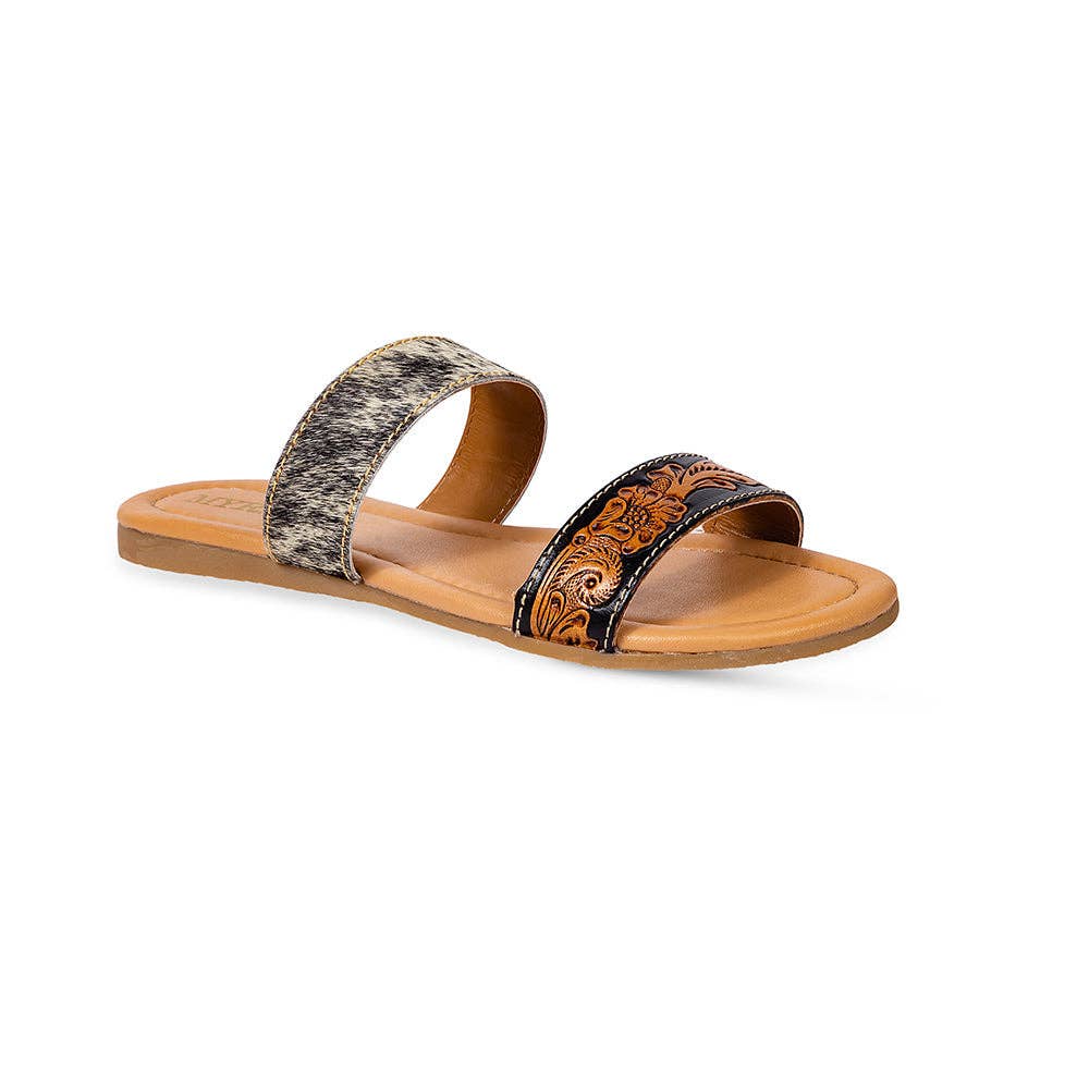 Tambra Mesa Hair-On Hide & Hand-Tooled Leather Sandals