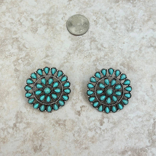 Silver Rope & Turquoise Stone Flower Concho Earrings