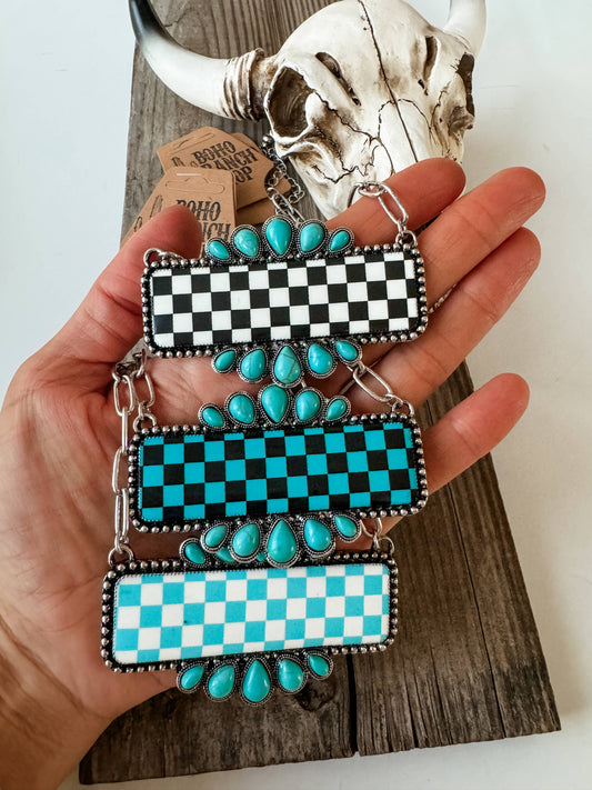 Western Checkered Rectangle Pendant Necklace