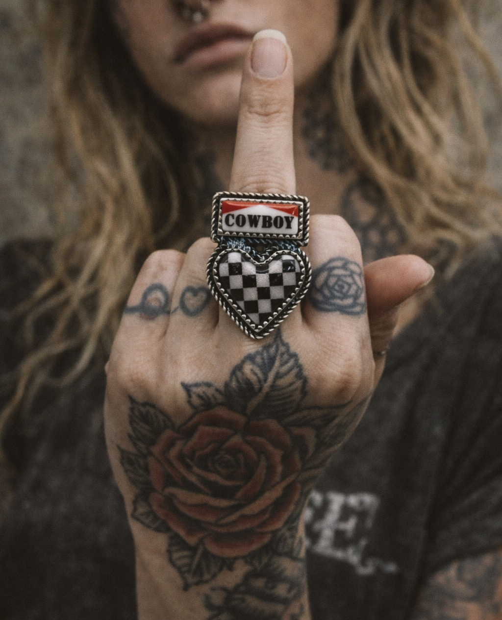 Western Checkered Heart Cowboy Cuff Ring