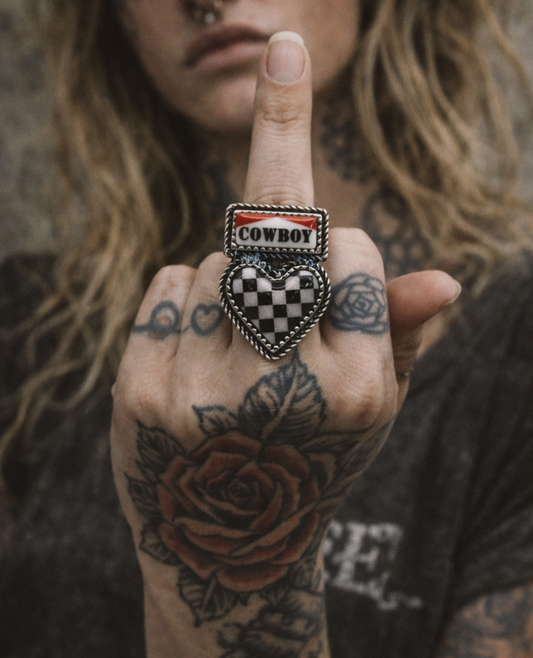 Western Checkered Heart Cowboy Cuff Ring