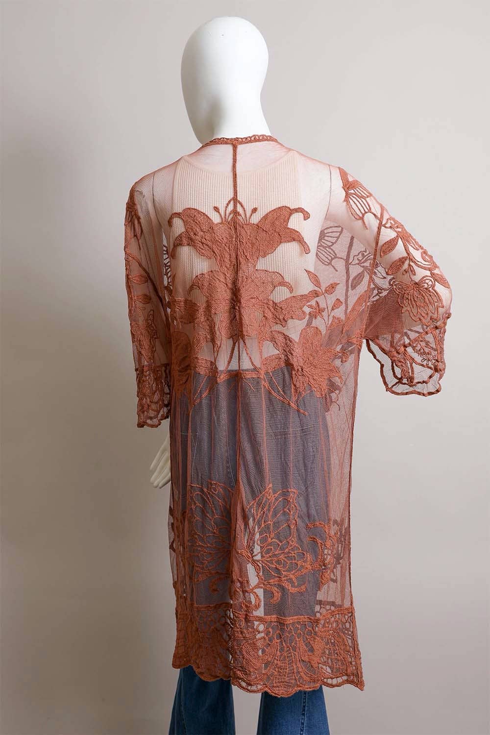 Embroidered Butterfly Lace Front-Tie Kimono