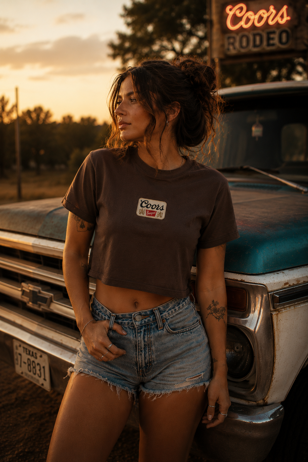 Cowboy Beer Patched Dyed Crop T-Shirt