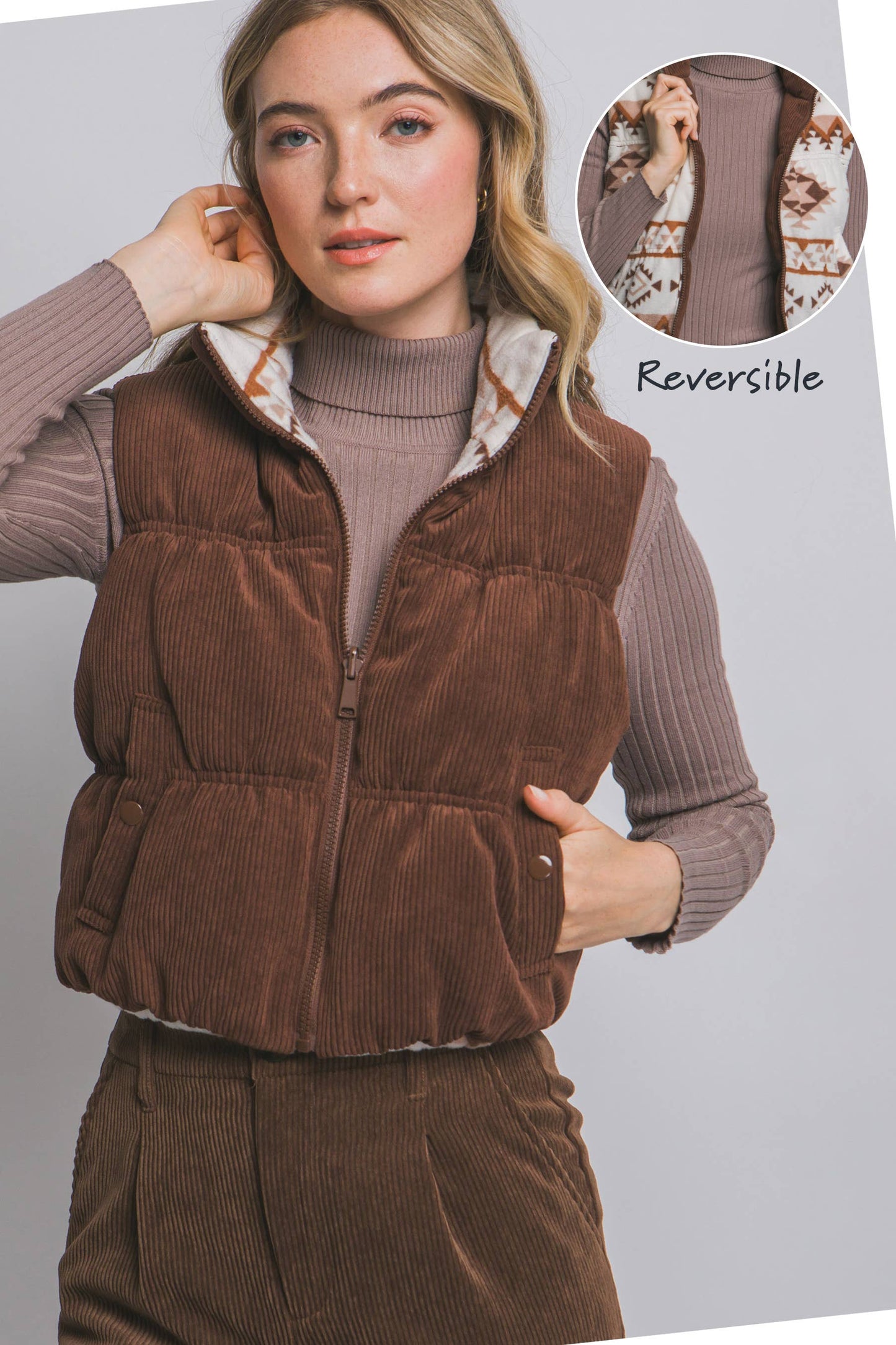 Brown Aztec Print Reversible Corduroy Puffer Vest