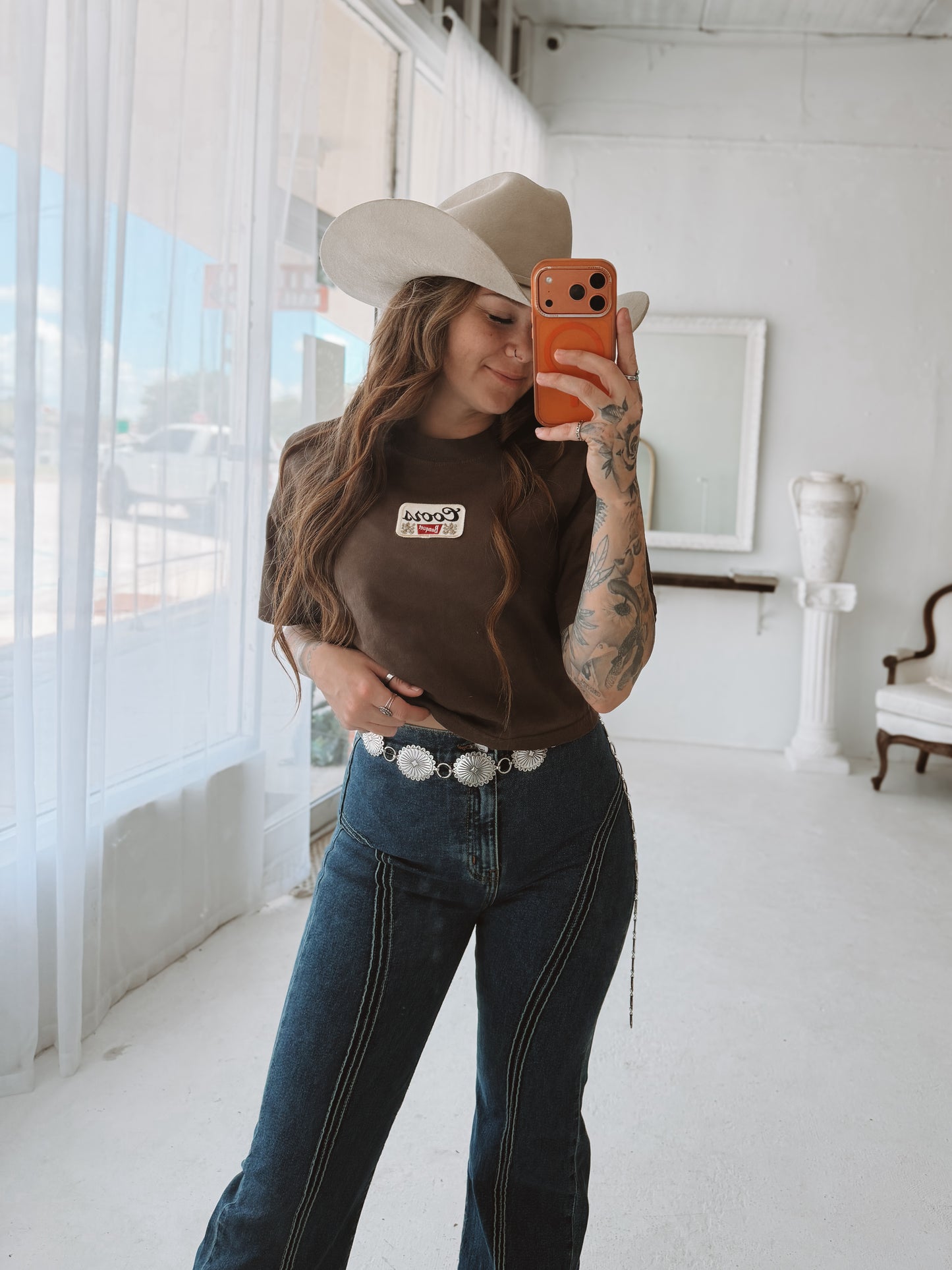 Cowboy Beer Patched Dyed Crop T-Shirt