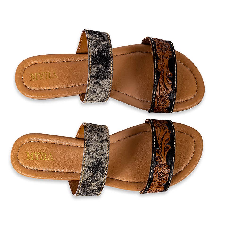 Tambra Mesa Hair-On Hide & Hand-Tooled Leather Sandals