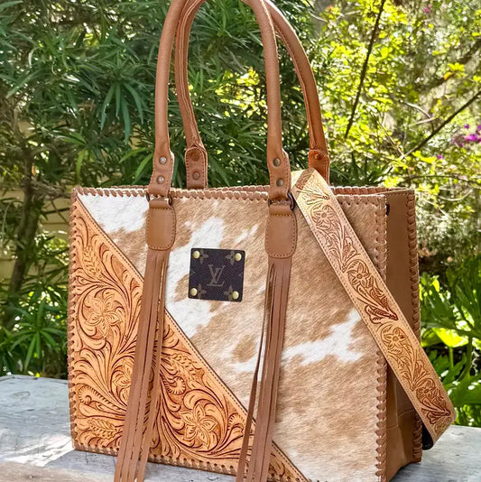 Tooled Leather Cowhide Upcycled Lv Tote Crossbody Bag