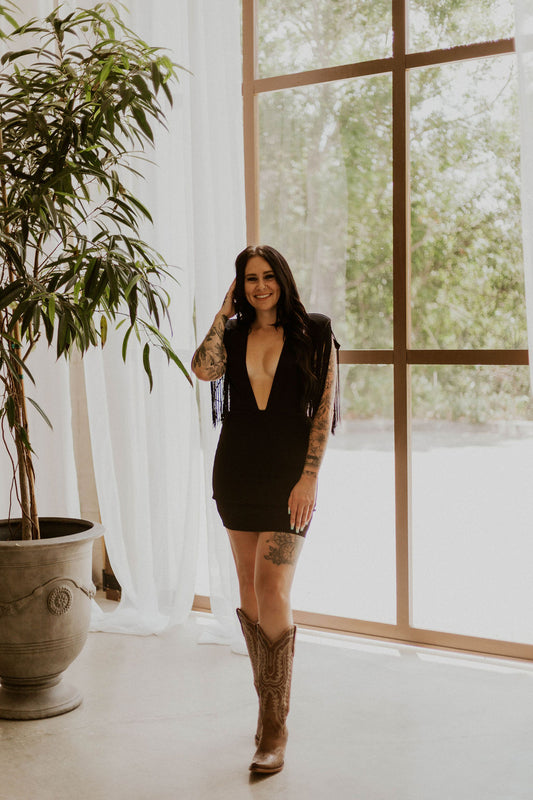 Dallas' Fringe Deep Neck Mini Dress