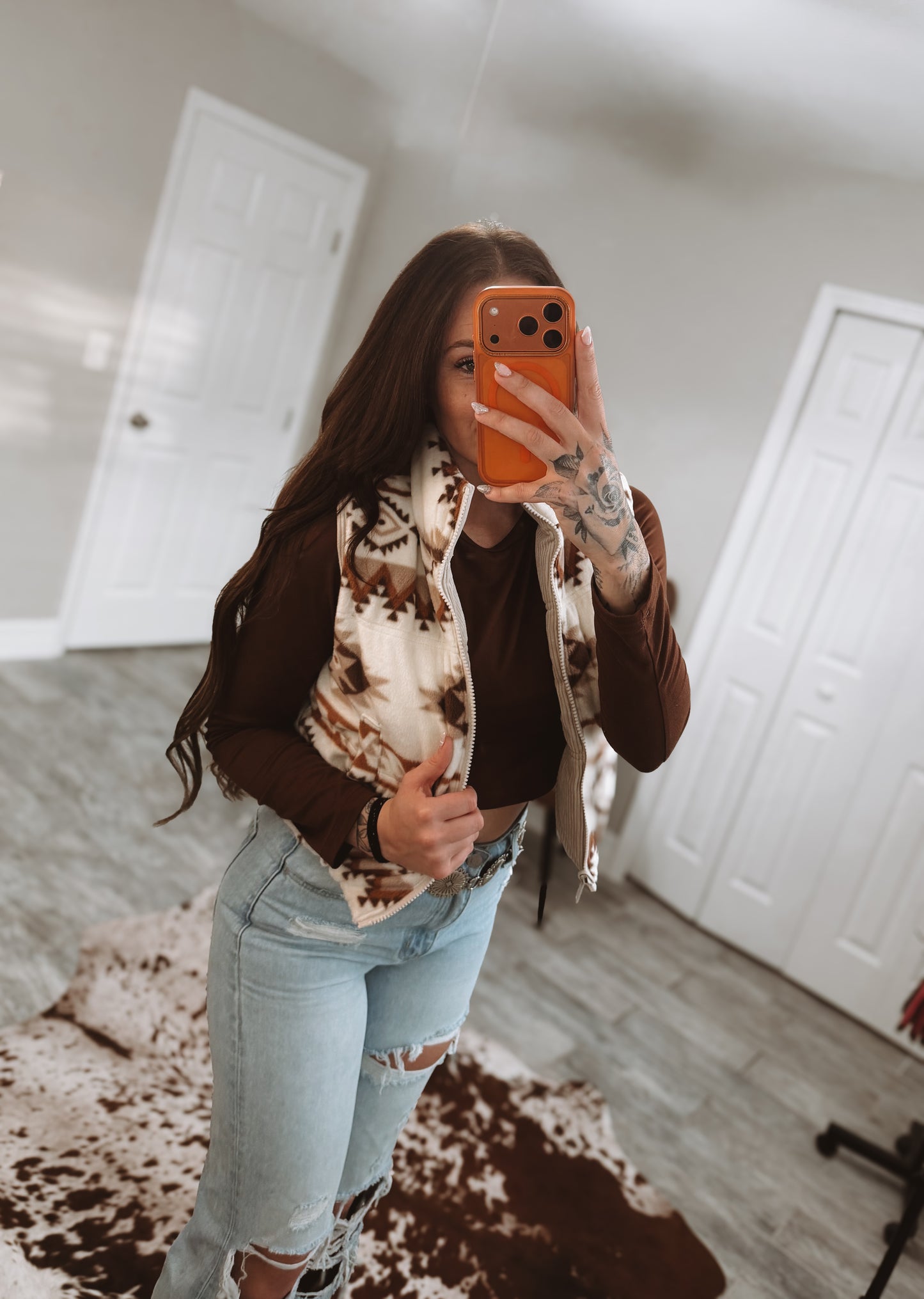 Cream Aztec Print Reversible Corduroy Puffer Vest