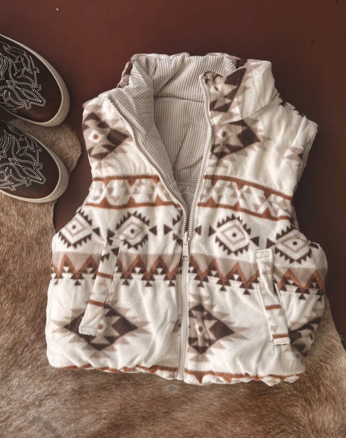 Cream Aztec Print Reversible Corduroy Puffer Vest