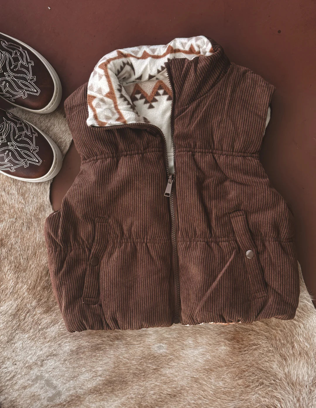 Brown Aztec Print Reversible Corduroy Puffer Vest