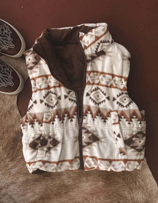 Brown Aztec Print Reversible Corduroy Puffer Vest