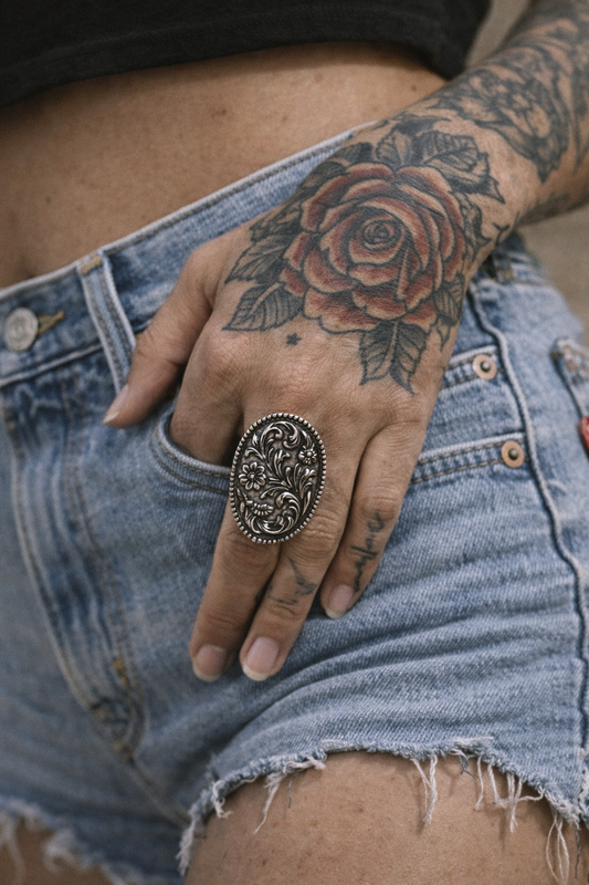Western Flower Tooled Cuff Ring