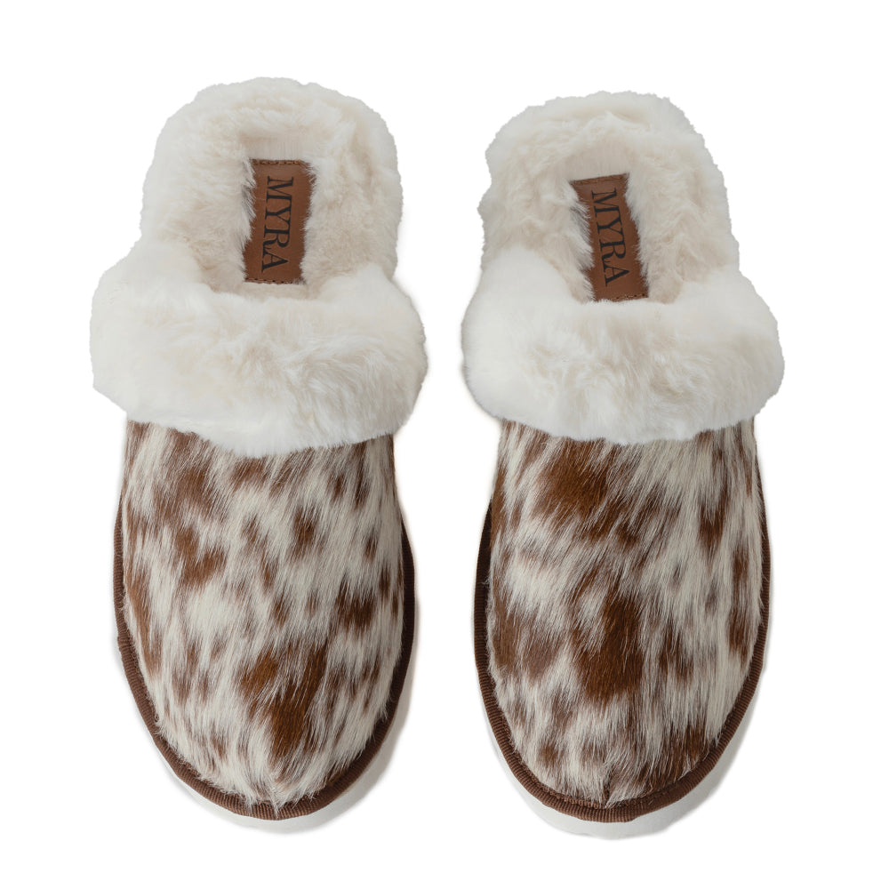 Tan Fur-Lined Hairon Leather Slippers
