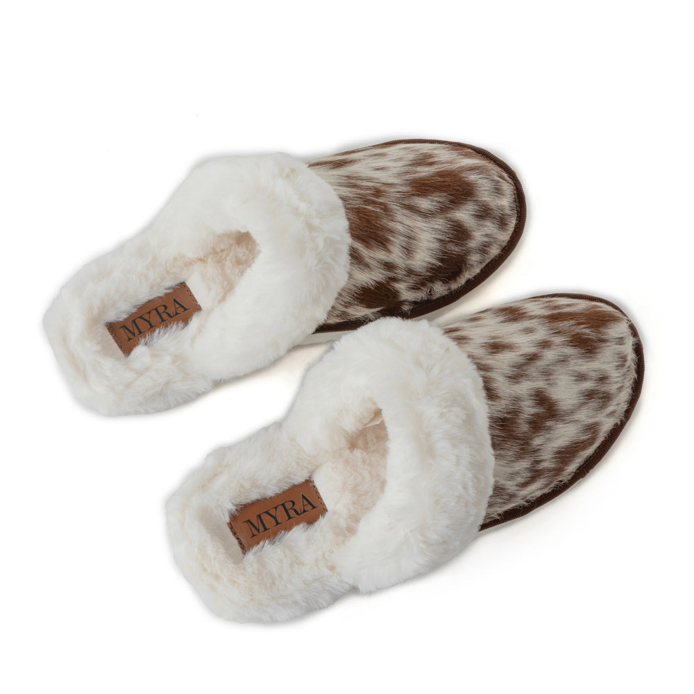 Tan Fur-Lined Hairon Leather Slippers