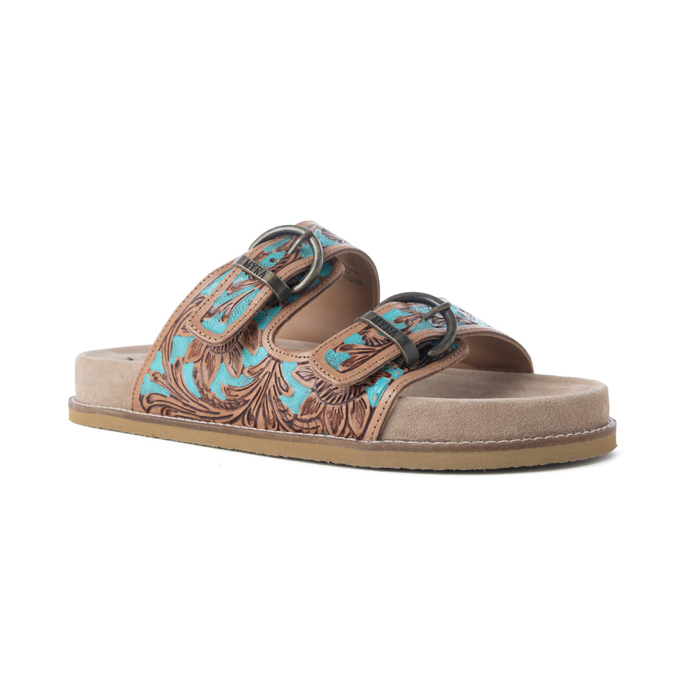 Meadow Sky Handtooled Leather Sandals in Sagewave Blue