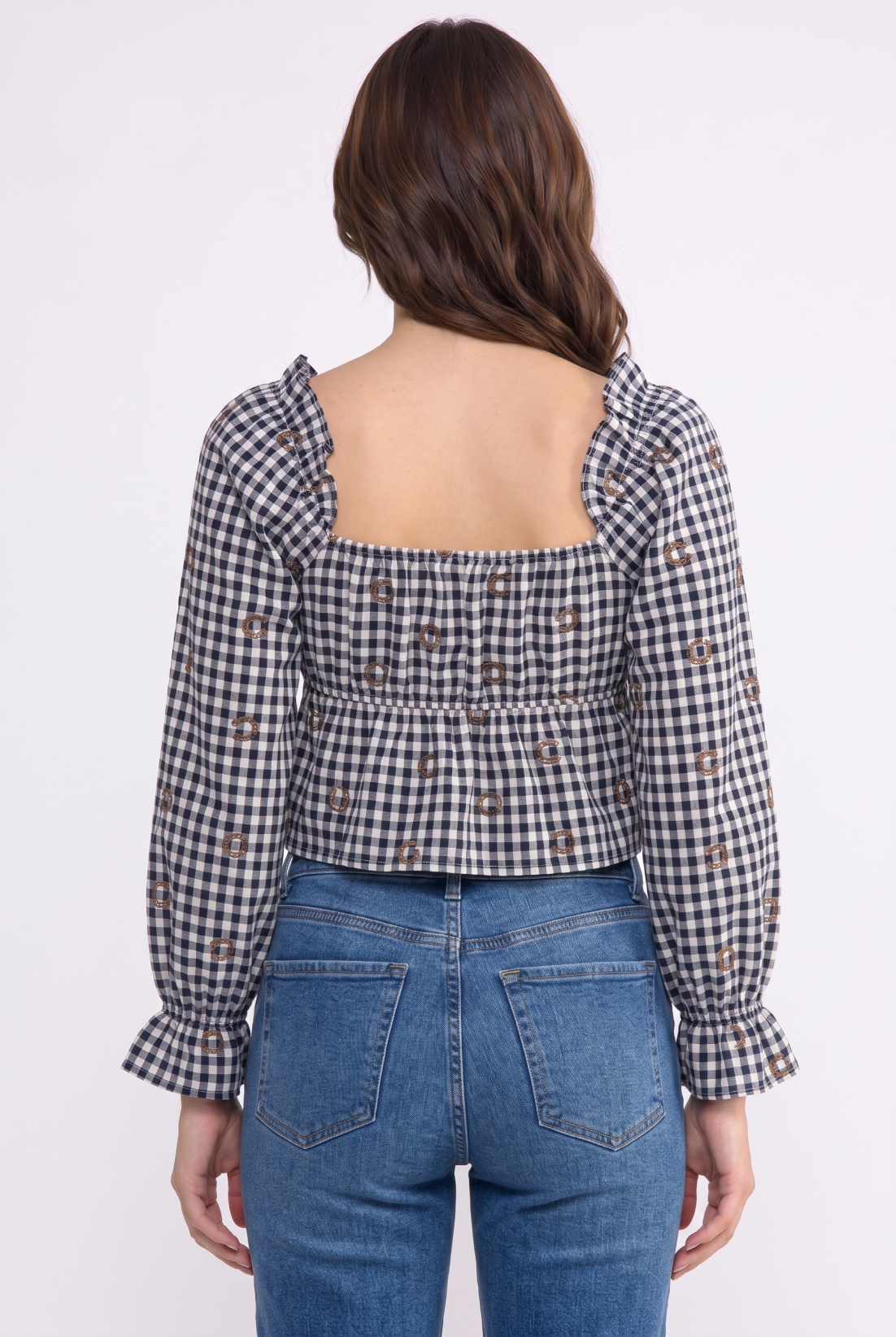Gingham Eyelet Peplum Horseshoe Embroidery Top