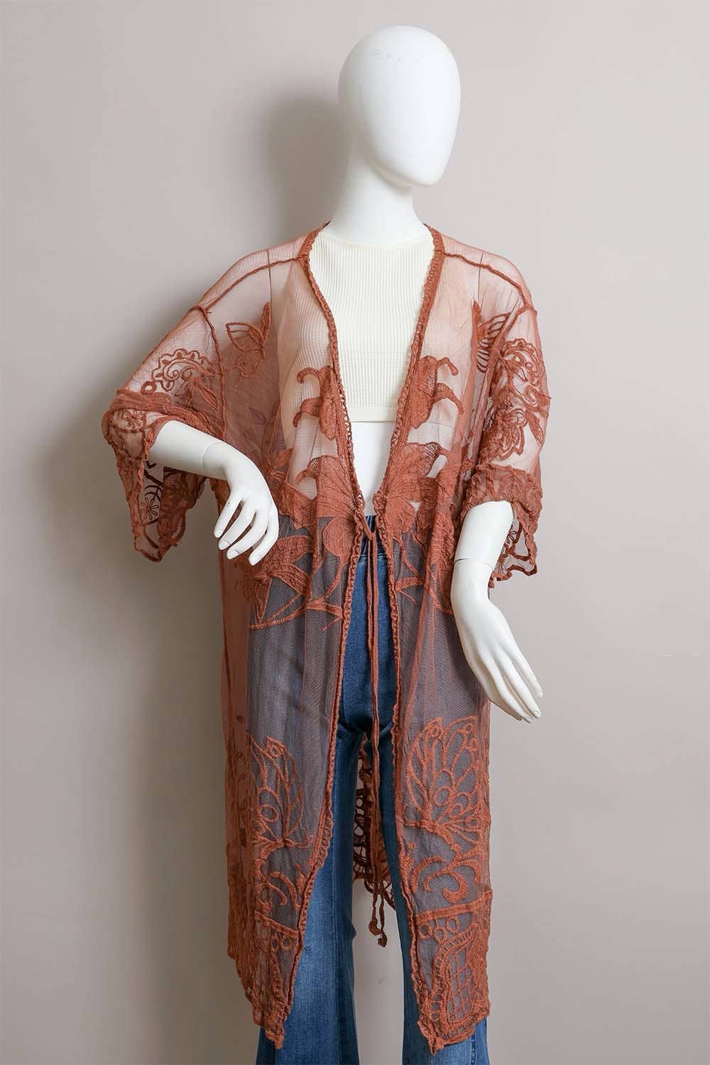 Embroidered Butterfly Lace Front-Tie Kimono