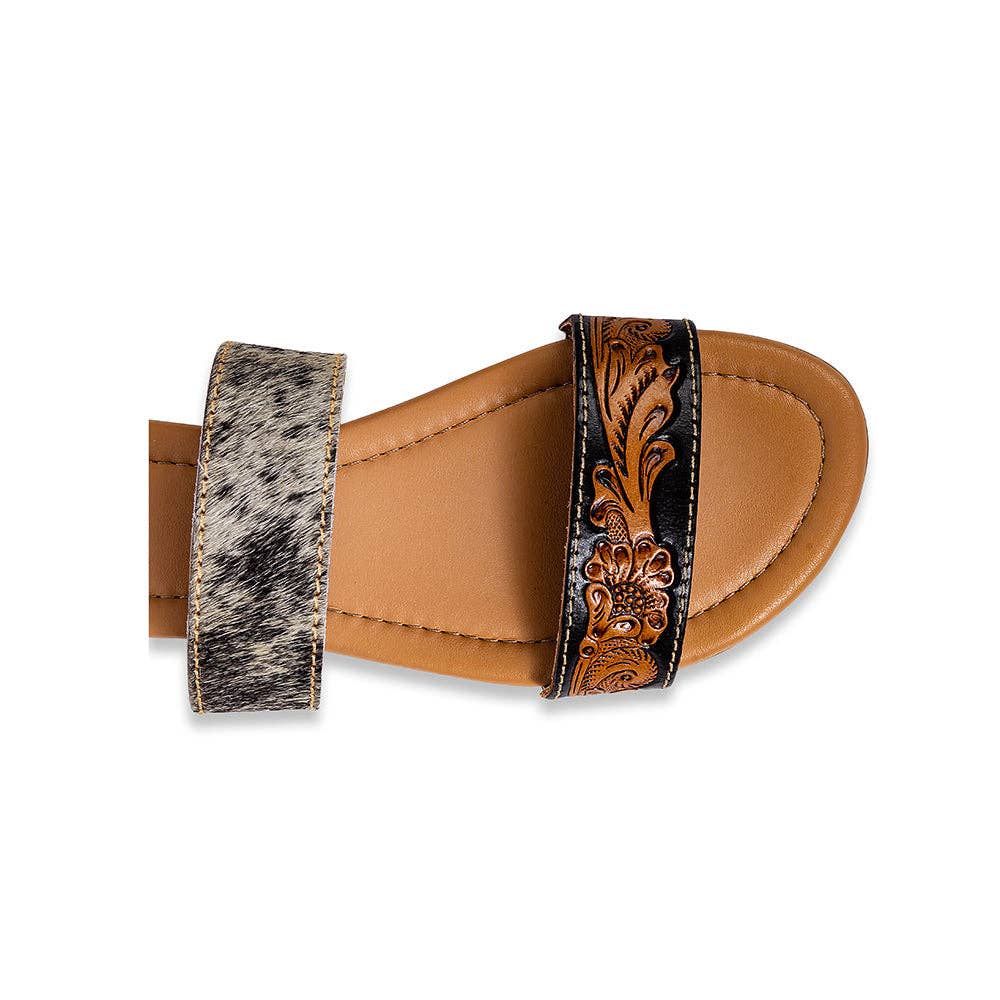 Tambra Mesa Hair-On Hide & Hand-Tooled Leather Sandals