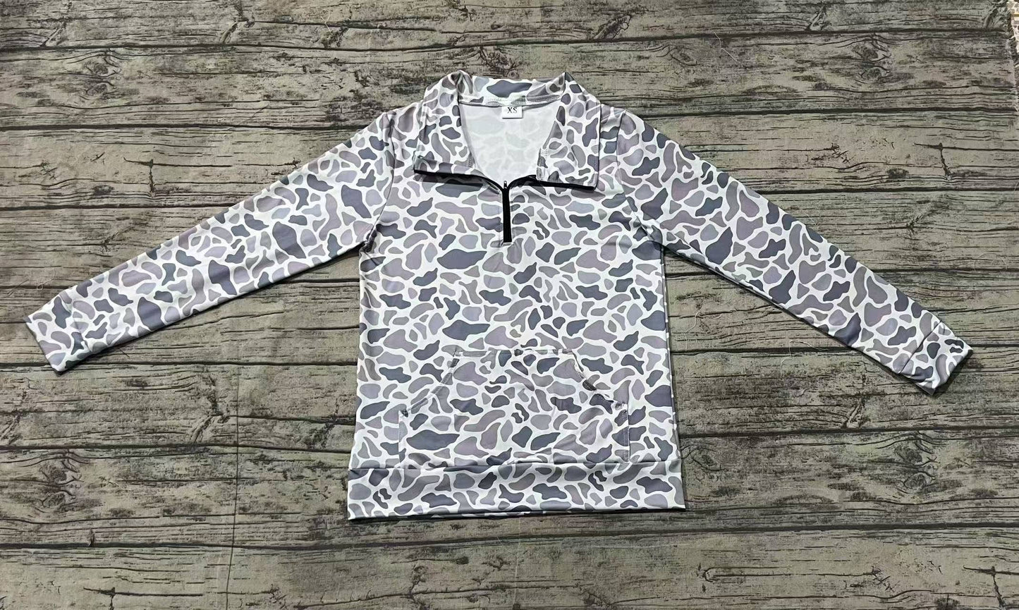 Grey Camo Long Sleeve Tee Shirts Zip Up Jacket