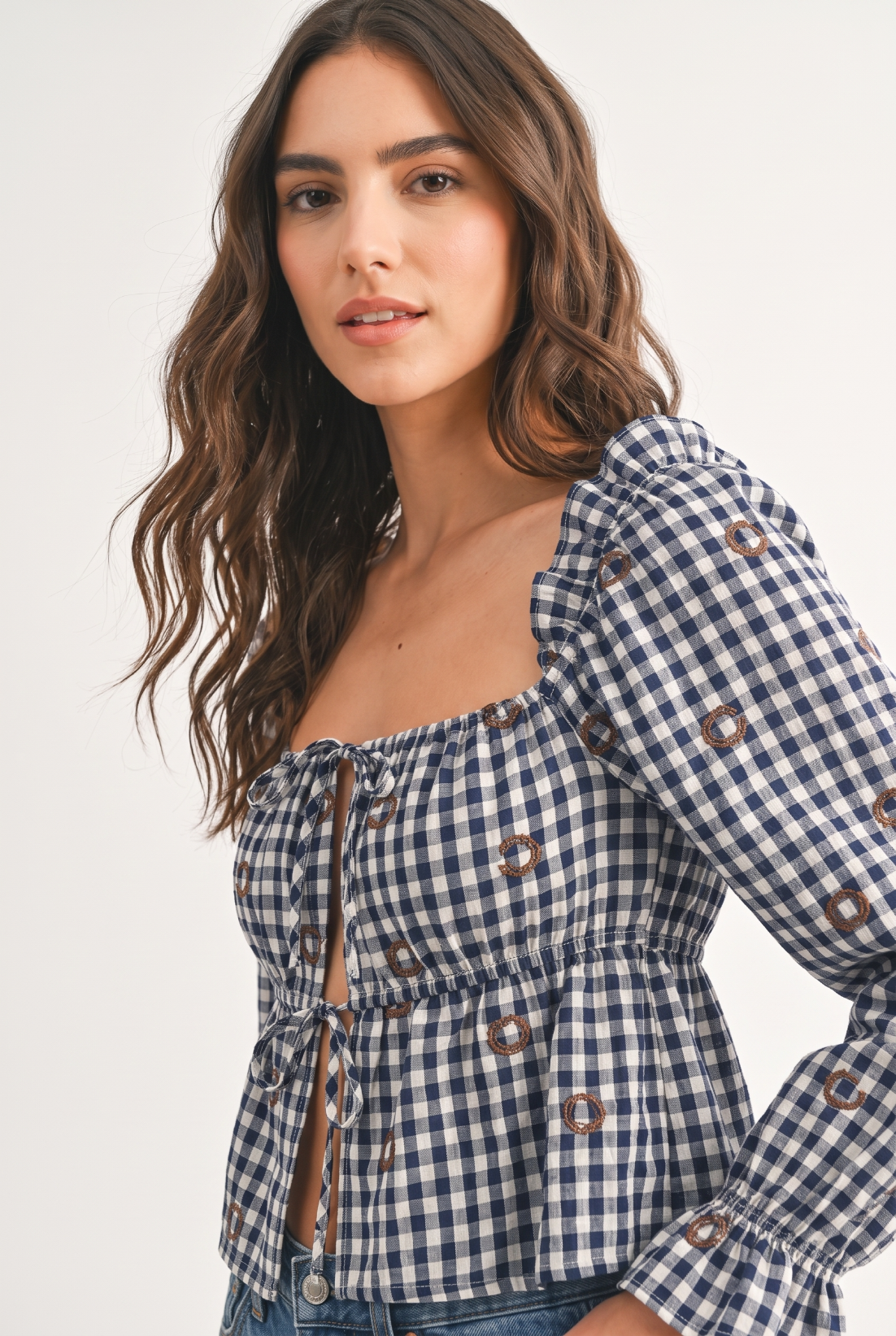 Gingham Eyelet Peplum Horseshoe Embroidery Top